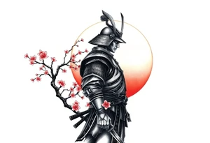 noble samurai warrior silhouette at sunset with cherry blossoms tattoo idea