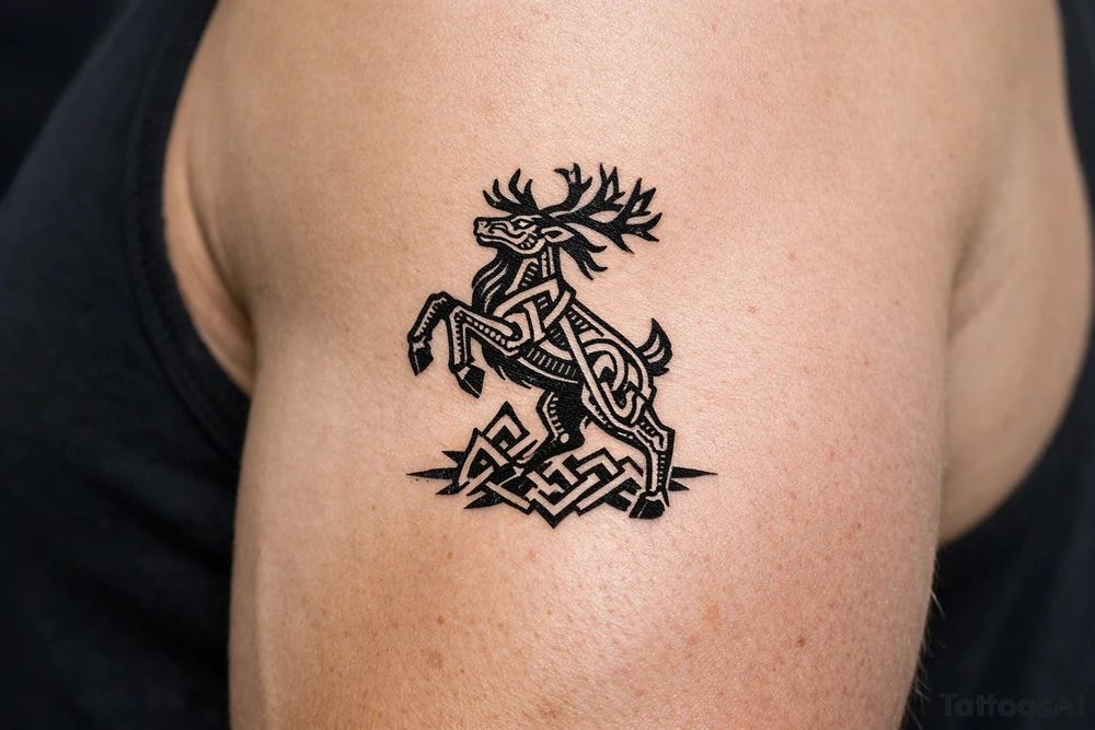 Caribou in Norse knot work open line concept mammen style stipple shading with animal on rear legs tattoo idea