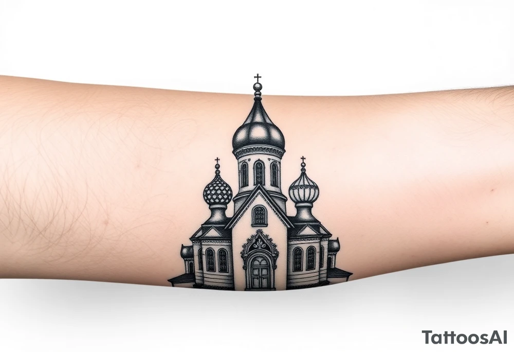 in a dorsal view a detailed medium sized country style russian orthodox church with onion domes and a band at the front with mist shrouding the top and fading into a virgin mary overlooking above at the top tattoo idea