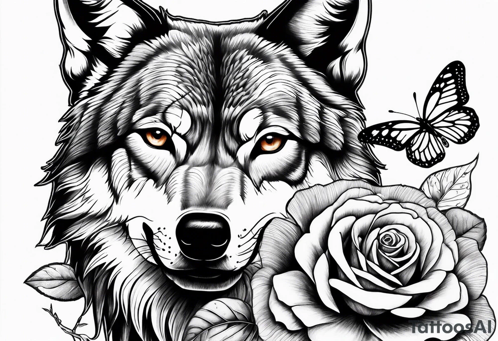 Wolf and butterfly and rose tattoo idea