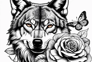Wolf and butterfly and rose tattoo idea