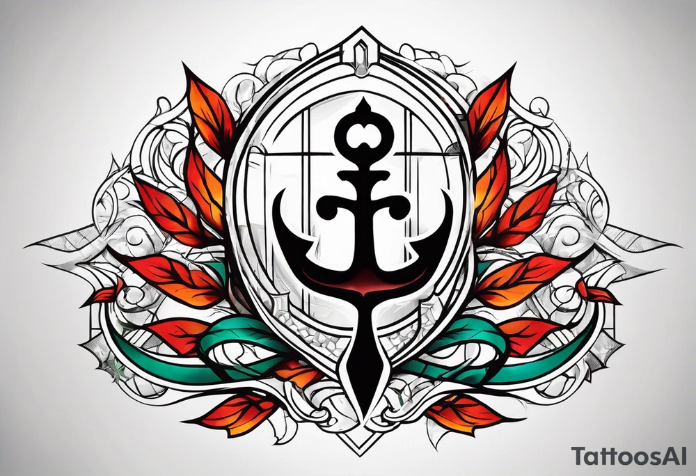 Geometric pattern with trident and leaves and chequered flag tattoo idea
