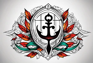 Geometric pattern with trident and leaves and chequered flag tattoo idea
