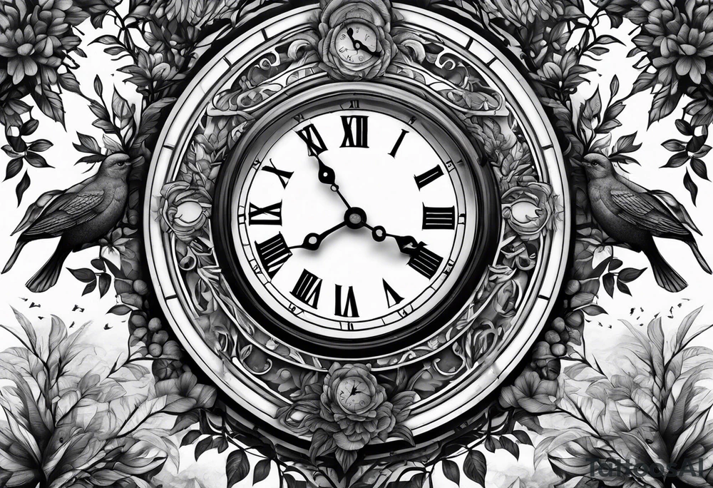 Half sleeve, tree, birds,clock tattoo idea