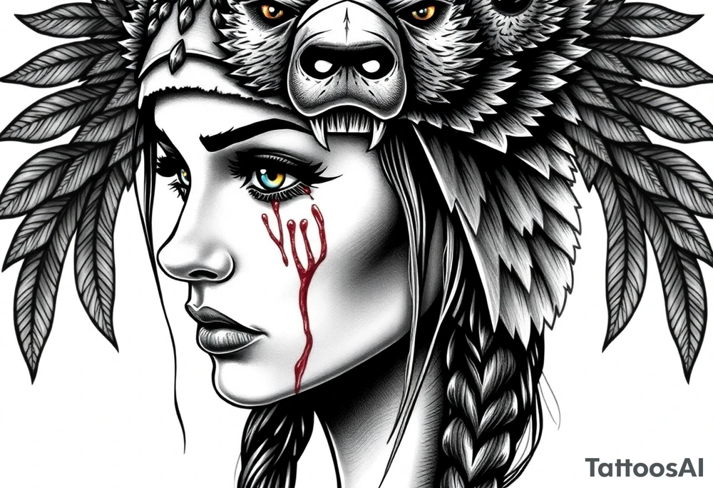 Symmetrical Beautiful Woman with colored eyes, shedding a tear, with battle scars and blood on face, wearing a mean looking bear headdress on head tattoo idea