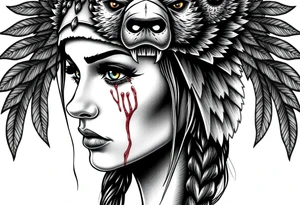 Symmetrical Beautiful Woman with colored eyes, shedding a tear, with battle scars and blood on face, wearing a mean looking bear headdress on head tattoo idea