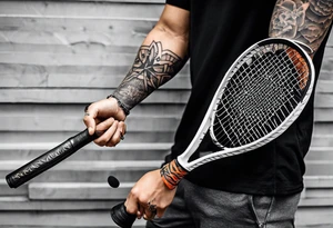 Arm tattoo sleeve include small ak-47, small tennis racket, fitness related, motivational quote, sun, tattoo idea