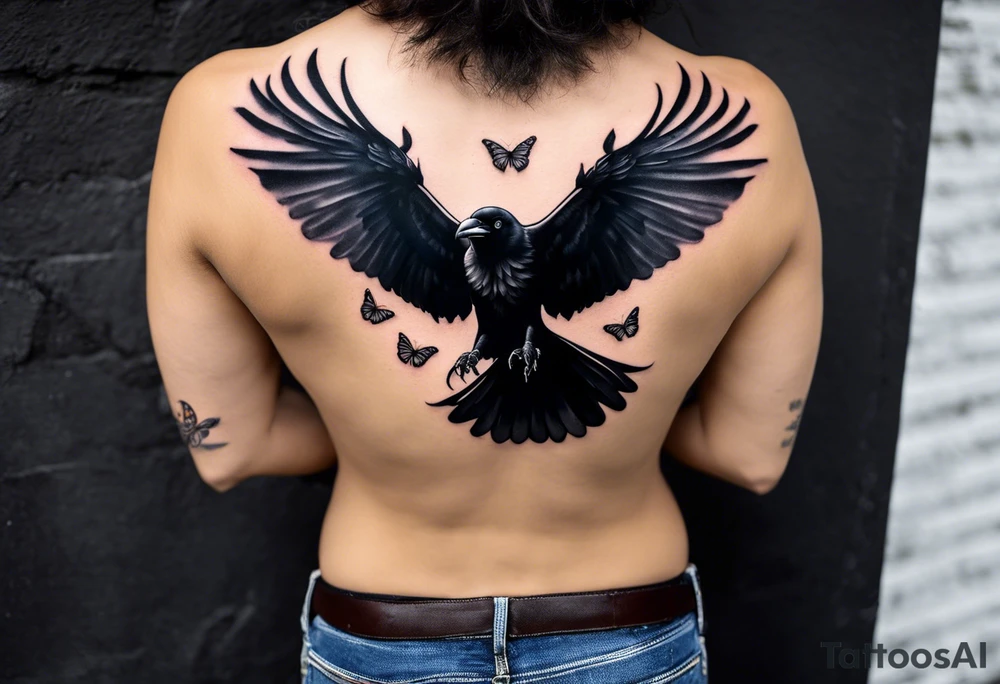 Black and white tattoo. The main image is a raven and a butterfly flying together towards the sky. The raven is shrouded in light and the butterfly in darkness. In the background you can see a 46 (from Valentino Rossi). You can also see a small scorpion and an 89, as well as a large lettering that reads "SKF". tattoo idea