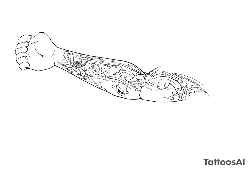 Sicilian Forearm tribal sleeve with patterns and symbols tattoo idea