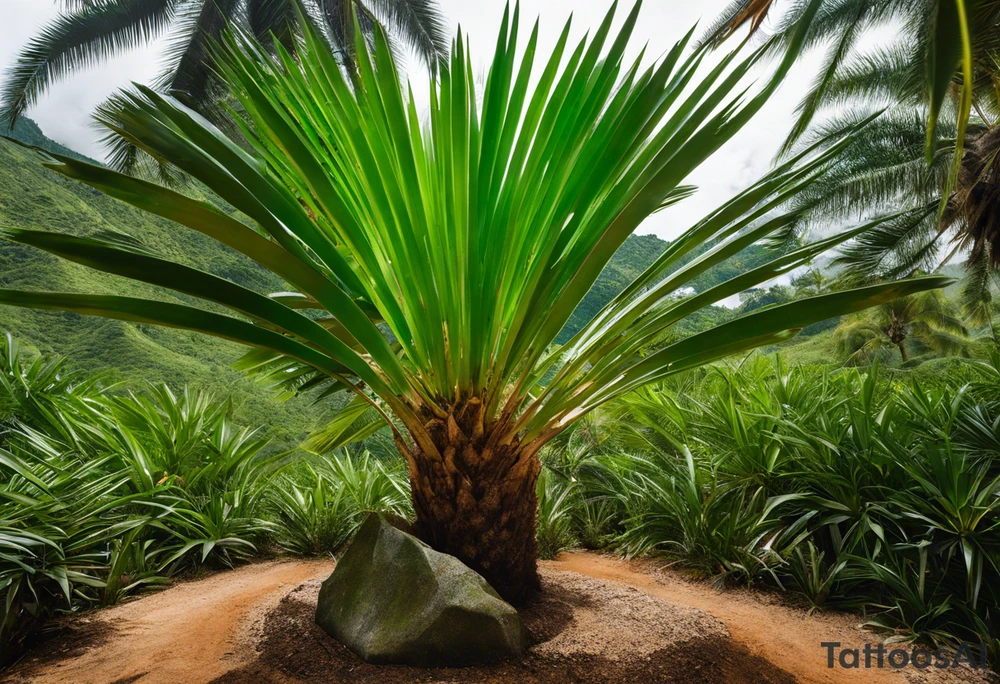 A striking Gachala emerald sits at the base of a tall quindio wax palm, which grows resiliently from cracks in rugged, rocky soil. The emerald is the main focal point, symbolizing strength and endurance, while the wax palm, rooted in the soil’s crevices, represents growth and resilience. A small water stream flows gently from the rocks, adding an element of life and nourishment tattoo idea