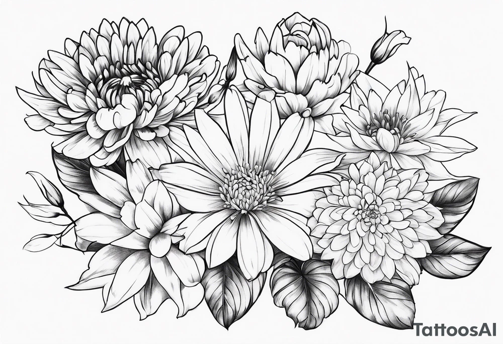 Asters, roses, lily, and chrysanthemums sleeve tattoo idea