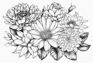 Asters, roses, lily, and chrysanthemums sleeve tattoo idea