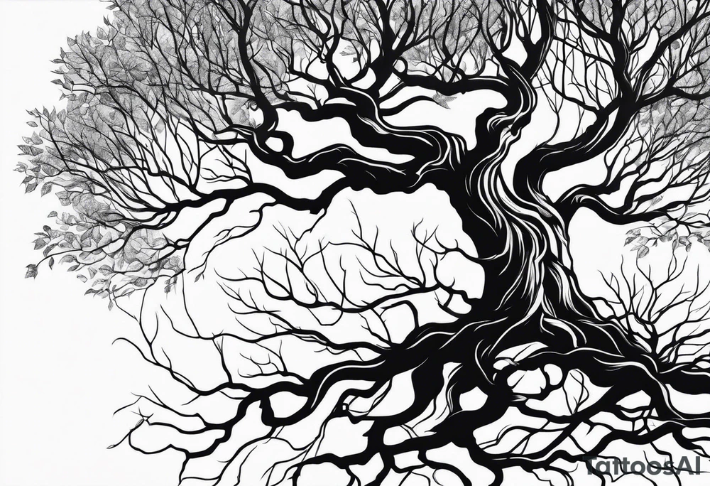 Left side tree branches and roots tattoo idea