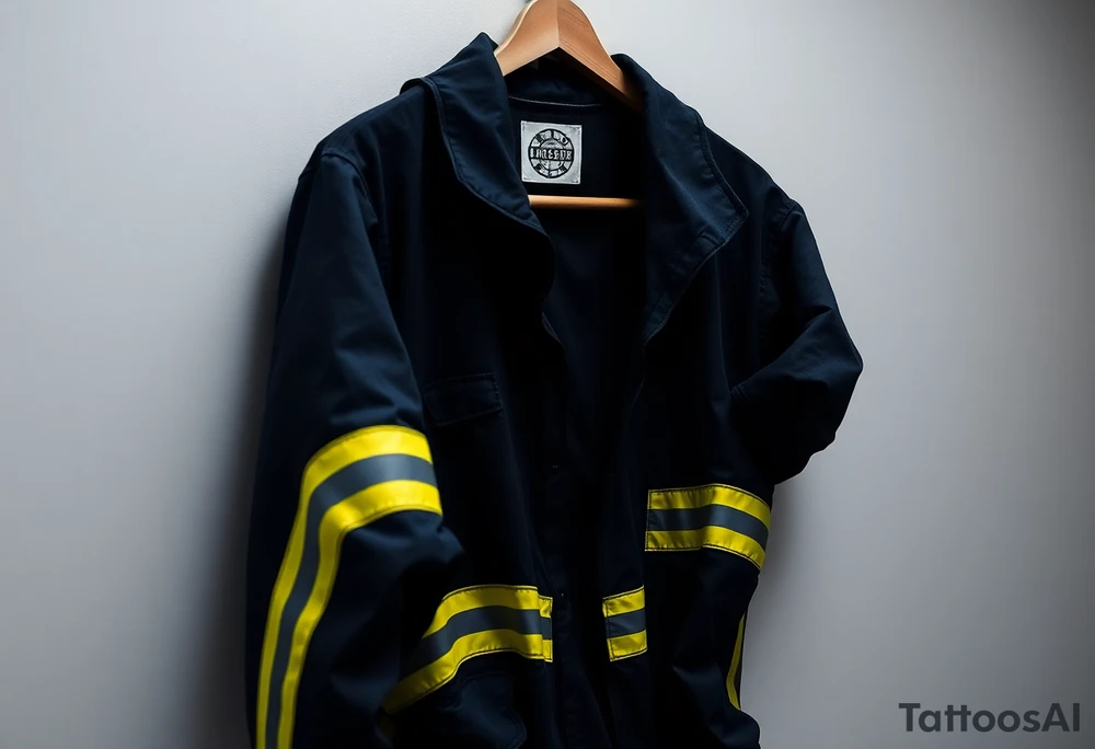 A firefighter’s turnout gear hanging on a wall, with realistic fabric textures in dark navy, contrasted by bright reflective stripes. tattoo idea