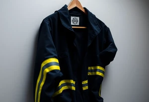 A firefighter’s turnout gear hanging on a wall, with realistic fabric textures in dark navy, contrasted by bright reflective stripes. tattoo idea