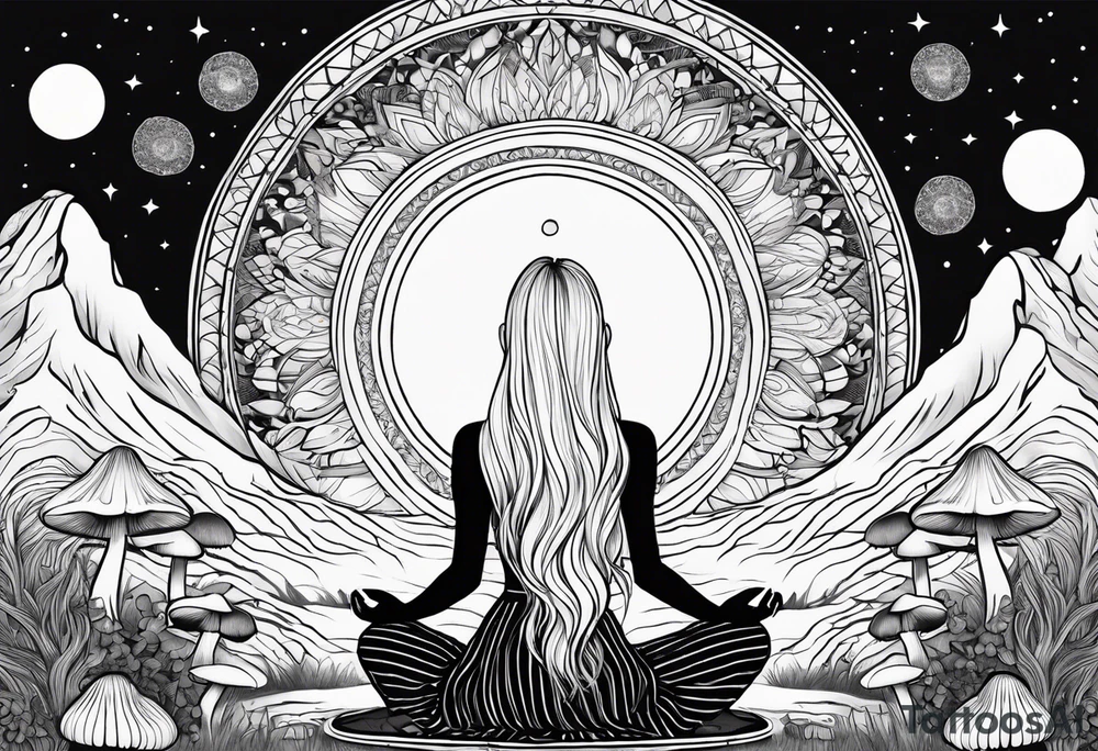 Straight blonde hair girl meditating facing away toward mountains surrounded by mushrooms crescent moon mandala circular design black and white striped dress tattoo idea