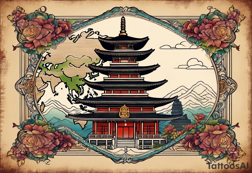 a old world map as the background with a small Buddhist temple at the bottom for the back of a forearm tattoo idea