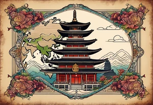 a old world map as the background with a small Buddhist temple at the bottom for the back of a forearm tattoo idea