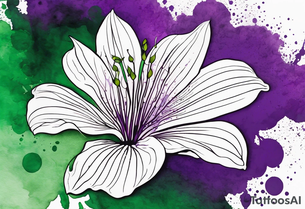 A mystical outline of a rio dipladenia flower and a green/purple watercolor splash in the background tattoo idea
