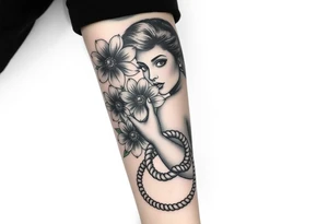 Pin up picture arm sleeve. With October flower November flower December flower rope figure 8 knot tattoo idea