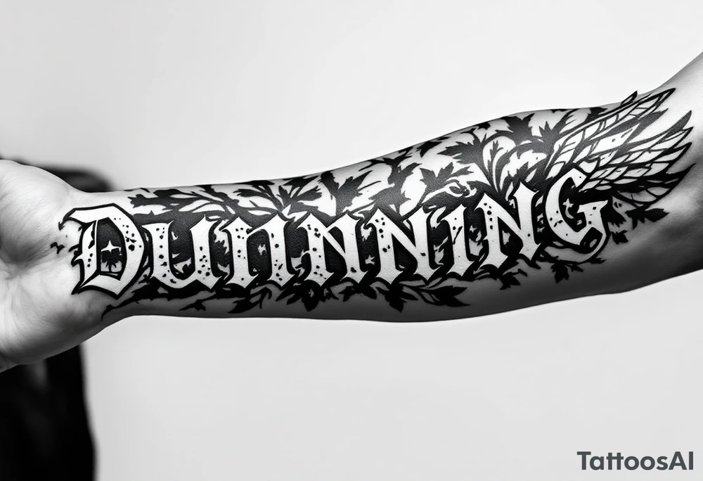 Dunning, left forearm details include angel wing, greek type of font,jungle leaves , tiger claw scratch tattoo idea