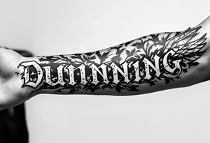 Dunning, left forearm details include angel wing, greek type of font,jungle leaves , tiger claw scratch tattoo idea