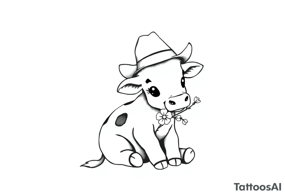 cute black and white baby cow sitting wearing a cowboy hat with a flower in mouth tattoo idea