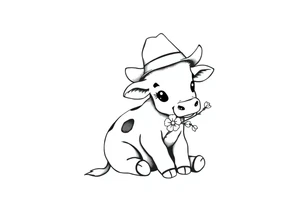 cute black and white baby cow sitting wearing a cowboy hat with a flower in mouth tattoo idea