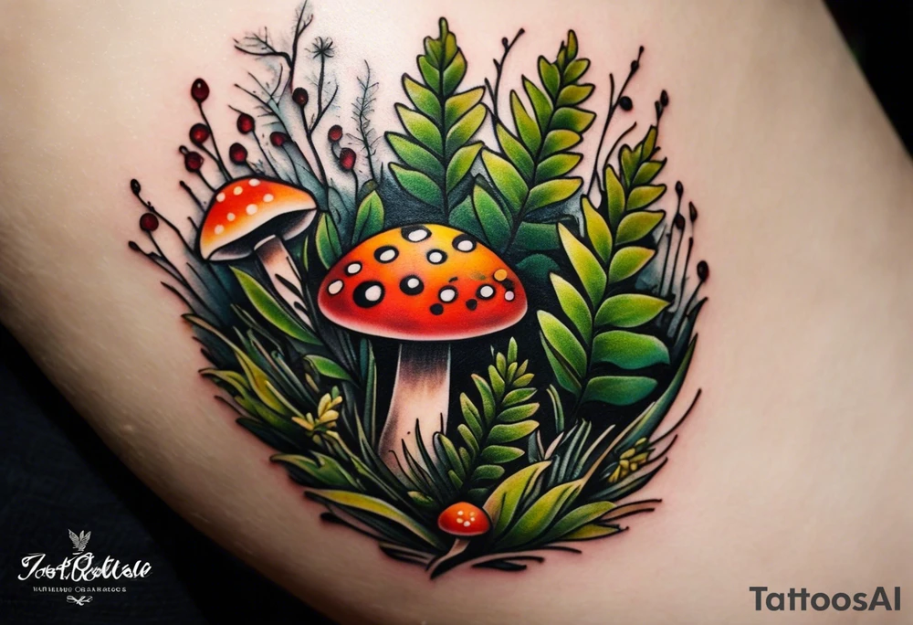 minimalistic forest floor inspired tattoo, which includes grass, moss, curly ferns and dead leaves as the bulk of the tattoo. details to include: forest berries, couple of very small brown mushrooms, a tiny bumblebee flying nearby tattoo idea