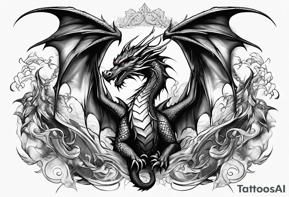 Family of five dragons with wings spread tattoo idea