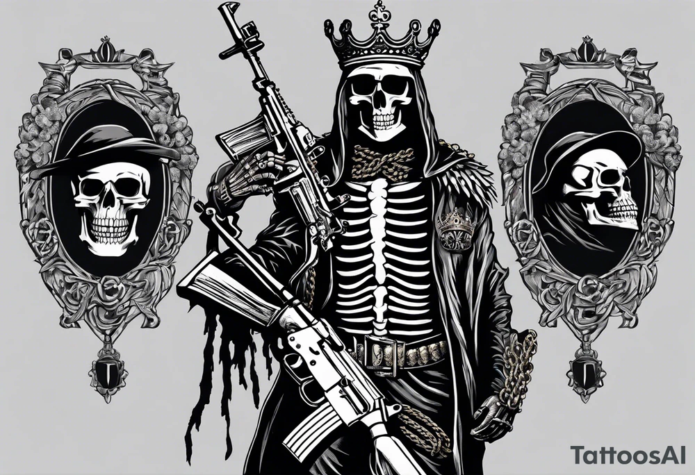 image of a skeleton standing frontally with a crown on his head, holding an AK-47 on his shoulder with his right hand. The chain on the left should be taut, there are three angry barking Dobermans in it, near the waist tattoo idea