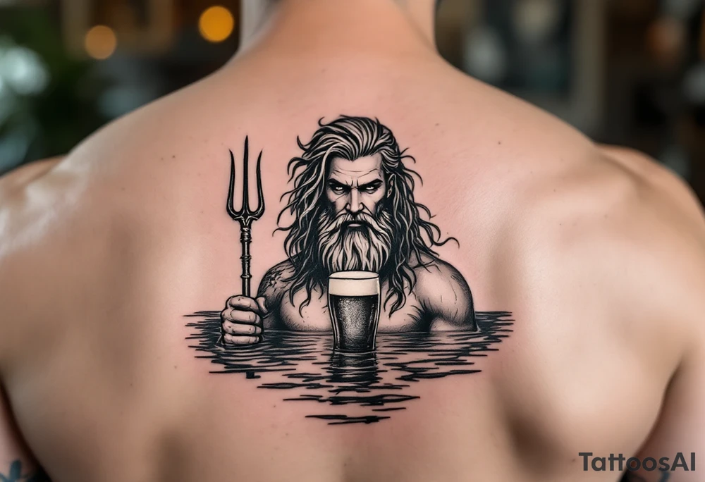 neptune with trident half way in calm water with a beer tattoo idea