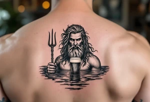 neptune with trident half way in calm water with a beer tattoo idea