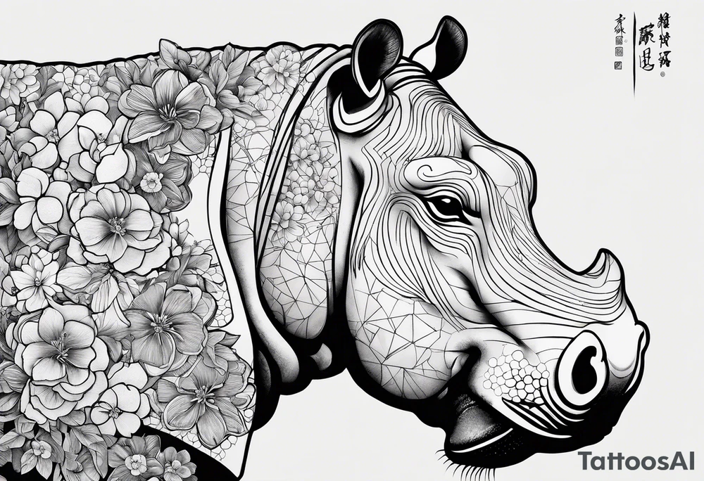 Asymmetrical, geometric, chinese ink art touch, hippo , full moon, wintersweet flower, light , modify from my favourite tattoo idea