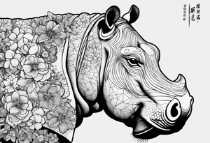 Asymmetrical, geometric, chinese ink art touch, hippo , full moon, wintersweet flower, light , modify from my favourite tattoo idea
