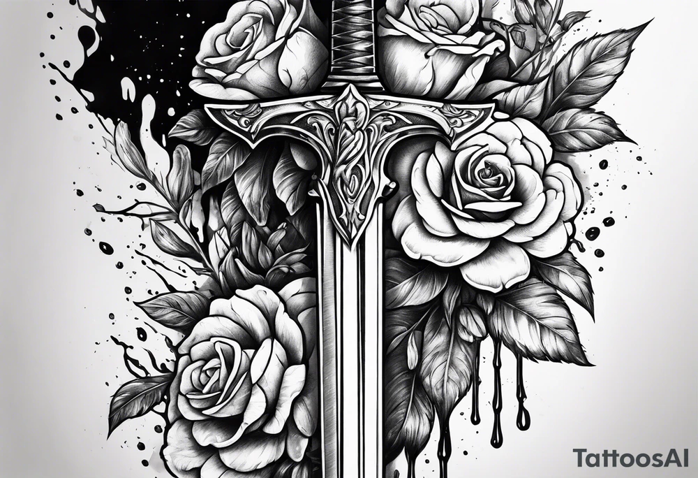 Bloody sword dripping onto flowers tattoo idea
