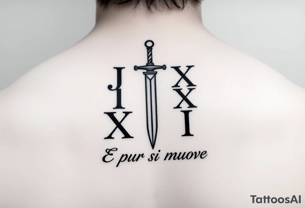 Minimalist Emblem

Combine the Roman numerals III·IX·XCI in an almost runic, minimalist stacked style.
Behind or through it, place a fine-lined sword/dagger, or a subtle cross, integrated into the numbers.
"E pur si muove" could run beneath like a foundation line, or curve around the emblem like a banner.
Think clean, bold but understated. tattoo idea