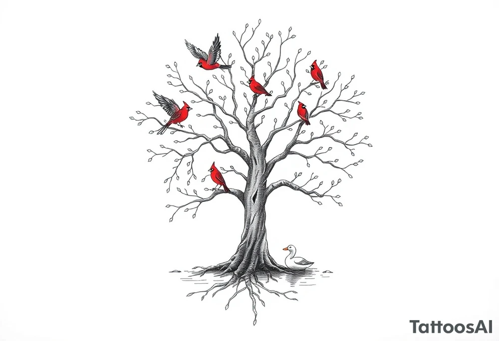 Tree of life with five birds flying out of the tree and  two red cardinals sitting on the tree and a duck in a pond tattoo idea