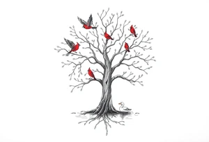 Tree of life with five birds flying out of the tree and  two red cardinals sitting on the tree and a duck in a pond tattoo idea