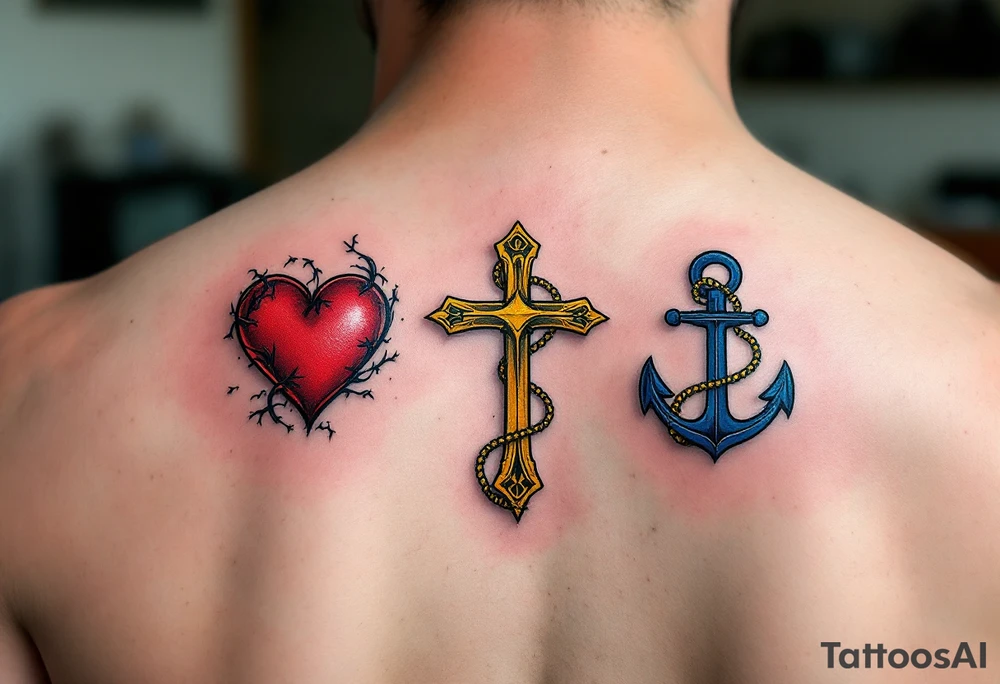 Fine-line black cursive sitting above three matching symbols: a crimson heart, golden cross, and deep blue anchor. tattoo idea