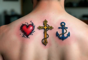 Fine-line black cursive sitting above three matching symbols: a crimson heart, golden cross, and deep blue anchor. tattoo idea