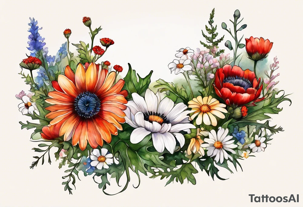 sideways oval of wildflowers cascading with thistles, ferns, white anemones, sun flowers, red flowers, black flowers, buttercups, orange flowers, babys breath and daisies all in watercolor tattoo idea