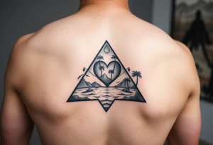 A triangle with a heart in the center with mountains, ocean with palm trees in background tattoo idea