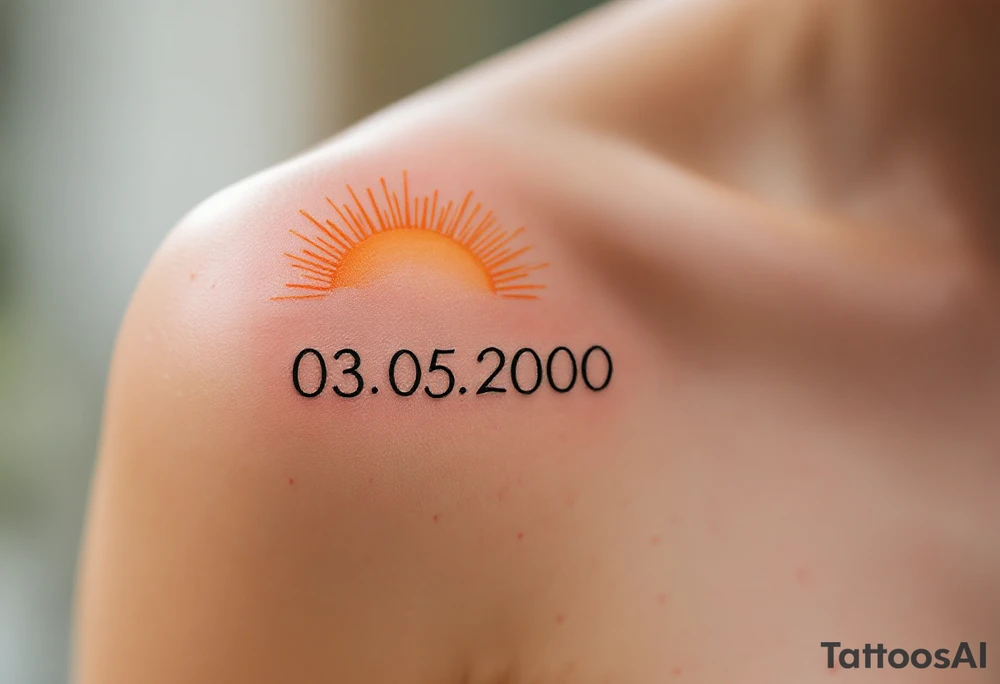 Delicate 03.05.2000 in fine-line script with golden sun rays behind the date. tattoo idea