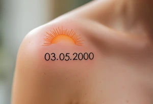 Delicate 03.05.2000 in fine-line script with golden sun rays behind the date. tattoo idea