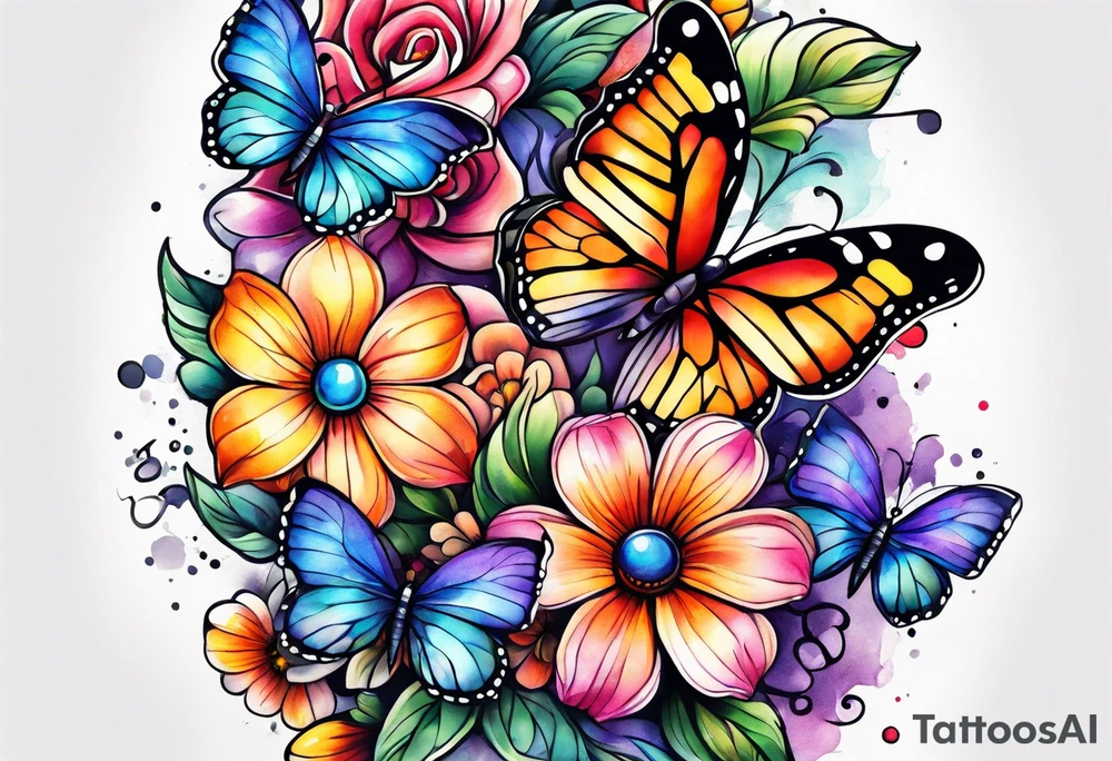 Arm sleeve with rainbow flowers and butterflies tattoo idea