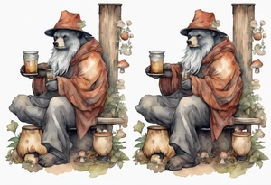 a medieval bear-human hybrid with a long grey beard wearing a tunic and a floppy hat covered in mushrooms, sitting on a stool by the tavern fireplace drinking from a wood cup tattoo idea