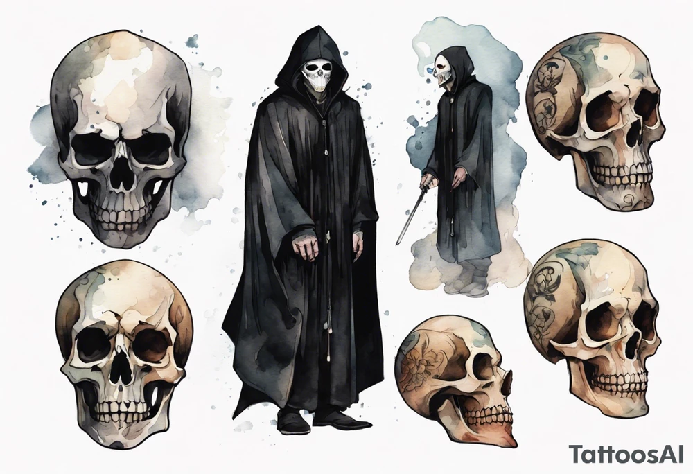 a thin medieval man in a black cloak wearing a skull mask, standing in a gloomy place tattoo idea
