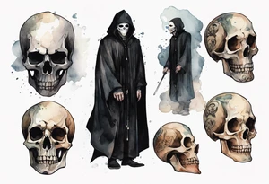 a thin medieval man in a black cloak wearing a skull mask, standing in a gloomy place tattoo idea