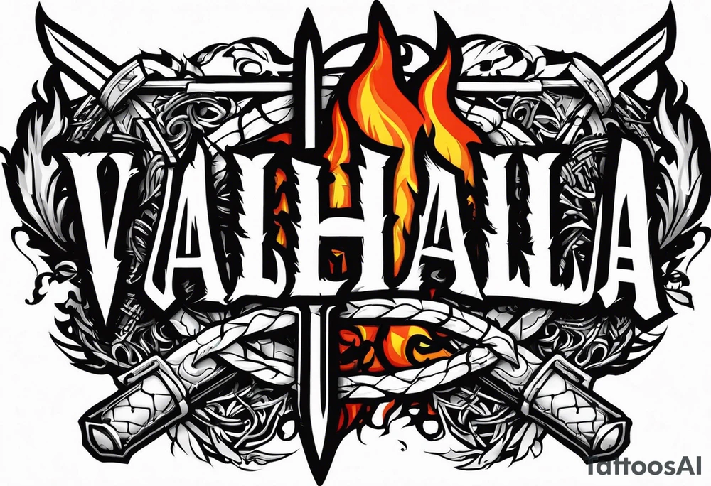 Valhalla on fire 
sword shield barbed  wire tattoo idea
